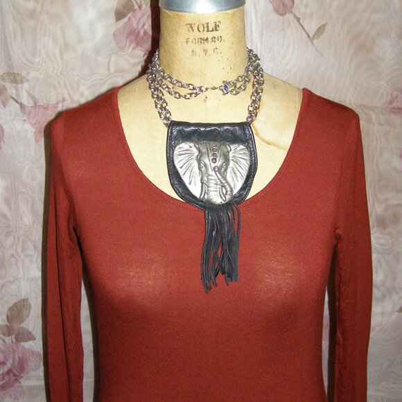 ONE of a KIND! Unique Statement Necklace Vintage Elephant Head Metal and Leather - Picture 1 of 10